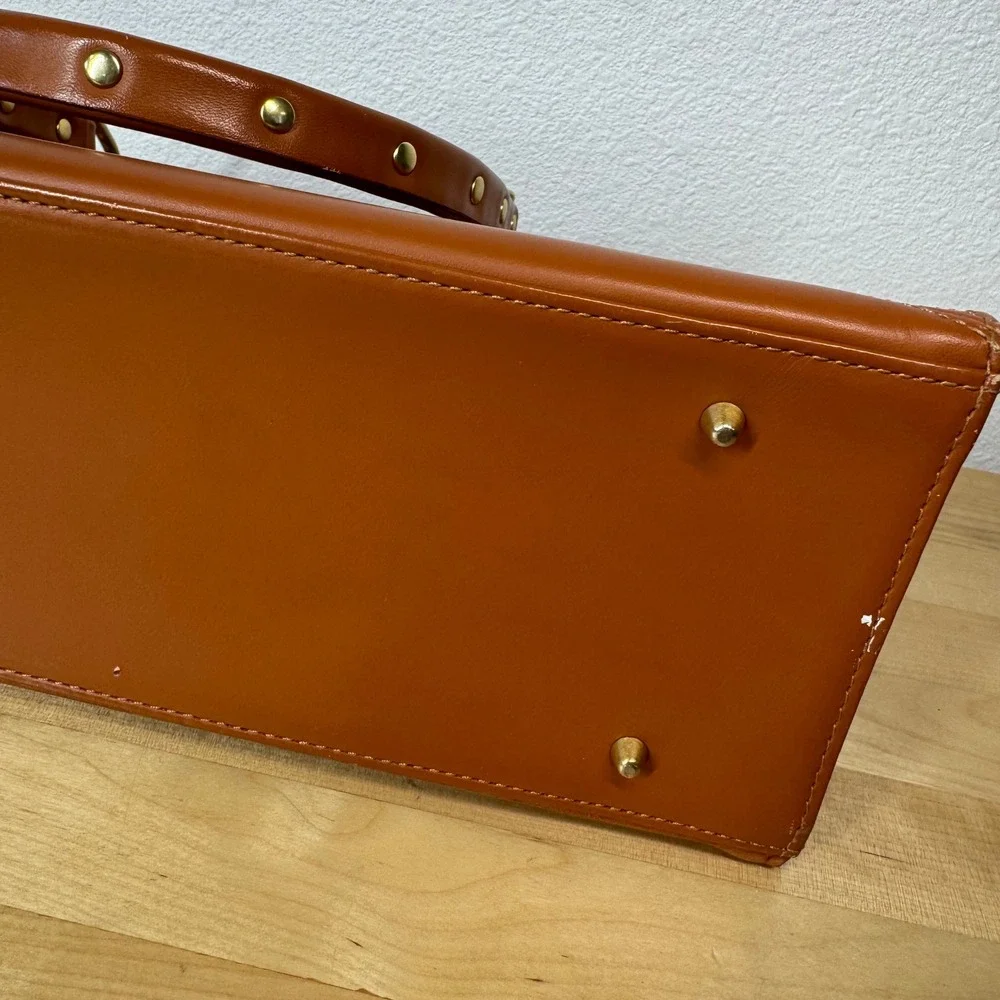Samantha Thavasa New York Cognac Leather Suede Studded Satchel Handbag *FLAW